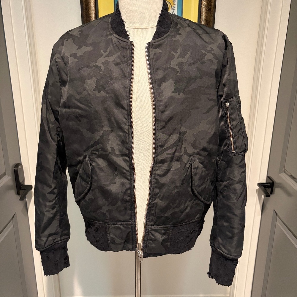 IRO Mens Distressed Bomber Jacket Black Camo Size Medium - Brand New